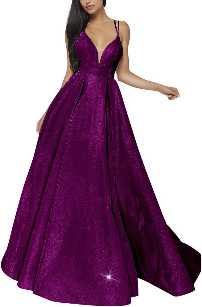 Women's Glittery Spaghetti V-Neck Prom Dresses Long Side Split Formal Evening Gowns