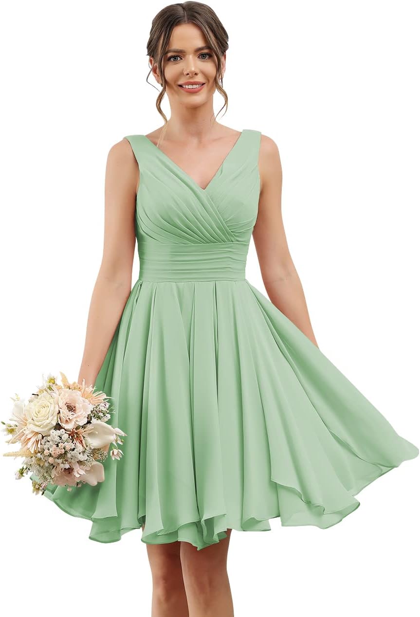 Double V Neck Short Bridesmaid Dresses for Women 2025 Chiffon A Line Formal Evening Gowns with Pockets
