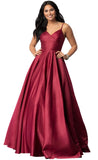 Spaghetti Straps Satin Prom Dresses for Women Long with Pockets Pleated Formal Evening Gowns