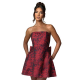 Jacquard Satin Homecoming Dress with Bow Elegant Strapless Mini Dress A Line Short Prom Dresses Party Gown