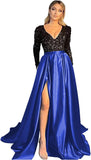 Vestido de fiesta de satén con lentejuelas brillantes para mujer, con bolsillos, manga larga y abertura. 
