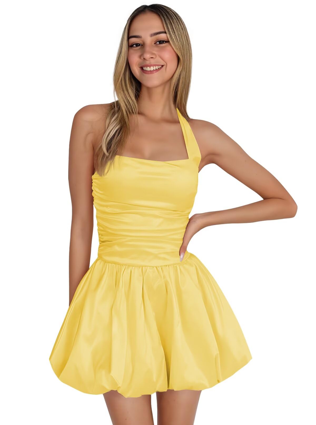 Satin Halter Homecoming Dresses for Teens Short Prom Dress 2027 Flower Bud Ruched Formal Cocktail Gown with Pockets