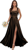 Satin Bridesmaid Dresses with Slit Spaghetti Straps Square Neck Long Formal Evening Dress