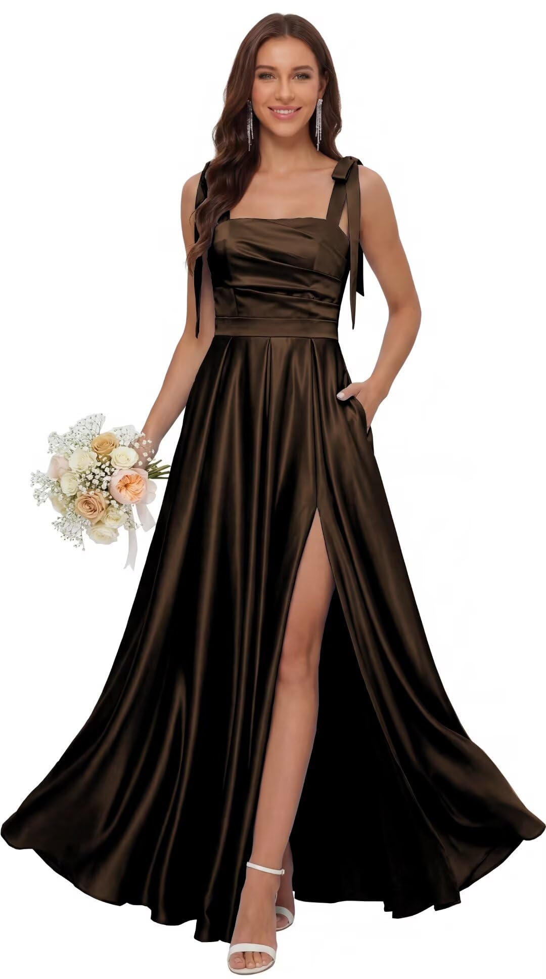 Satin Bridesmaid Dresses with Slit Spaghetti Straps Square Neck Long Formal Dress