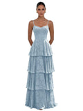 Jacquard Floral Bridesmaid Dresses for Women Long A-Line V Neck Lace Tiered Formal Evening Gown