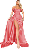 Women's Off Shoulder Mermaid Prom Dresses Long with Slit Pleates Wrap Satin Formal Evening Gowns