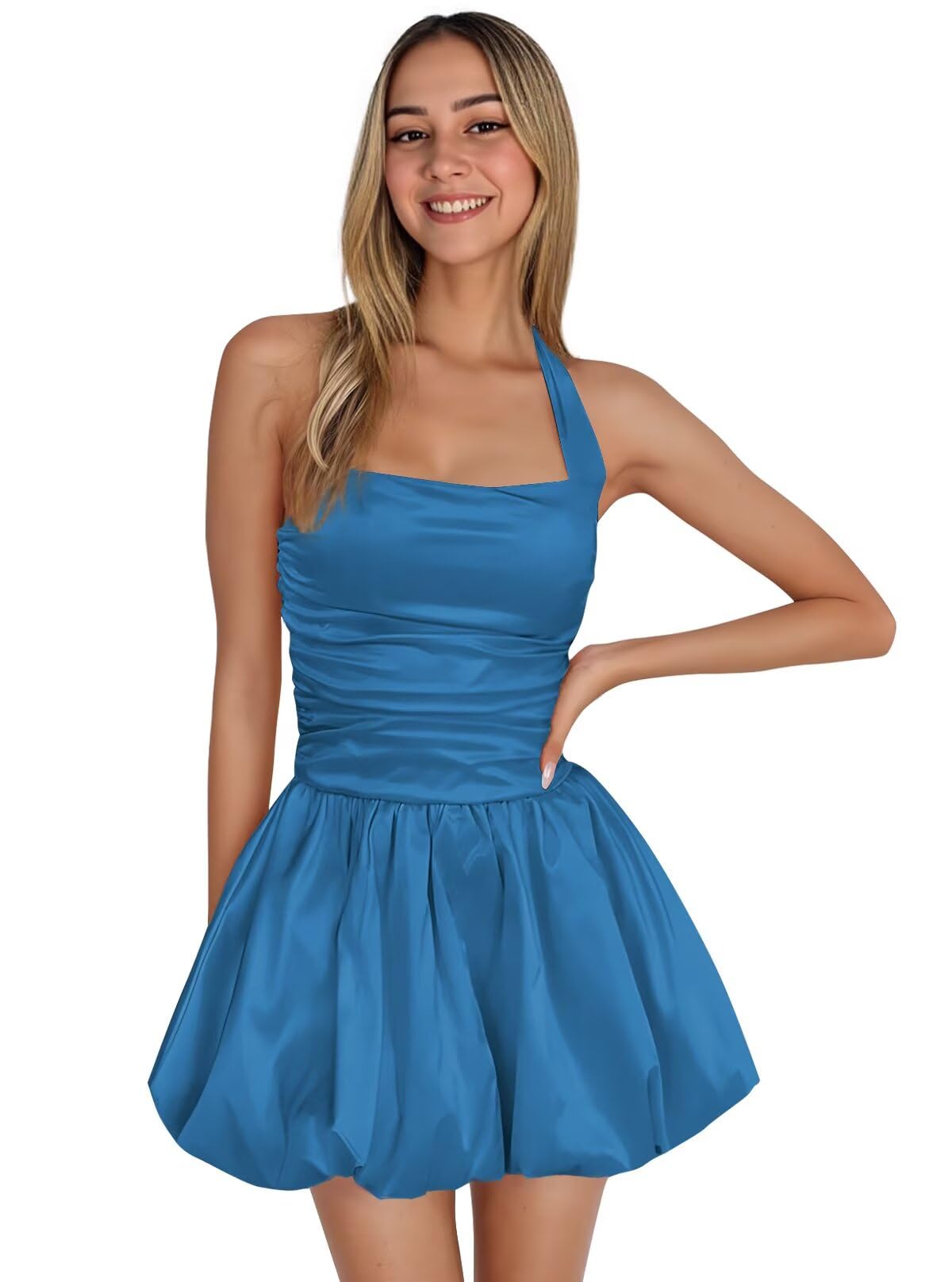 Satin Halter Homecoming Dresses for Teens Short Prom Dress 2027 Flower Bud Ruched Formal Cocktail Gown with Pockets