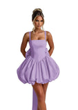 Puffy Satin Homecoming Dresses Mini A-line Short Prom Dress with Bow Cocktail Party Gown
