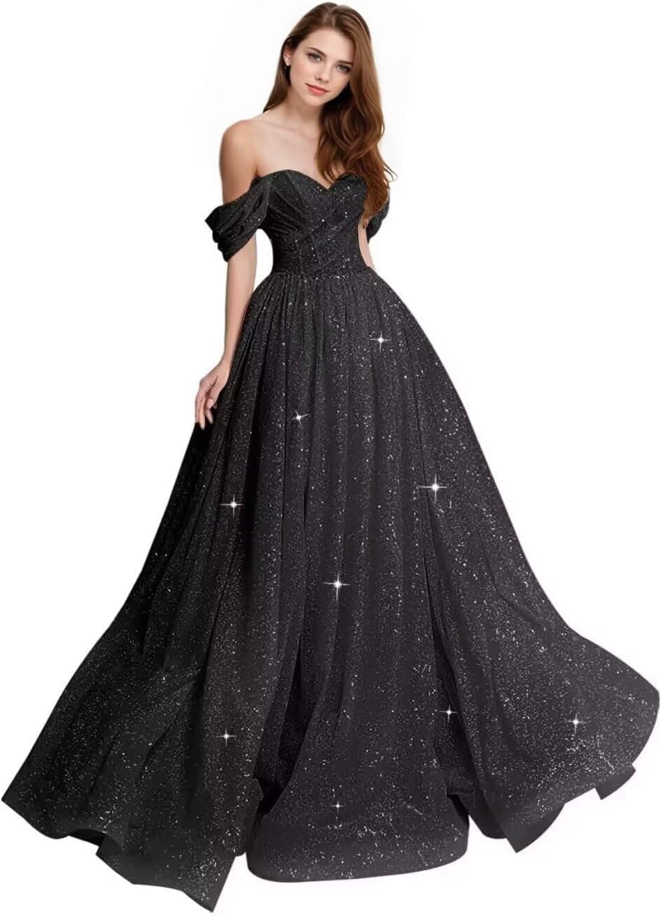 Sparkly Tulle Prom Dress 2026 Off The Shoulder Formal Dresses for Women Glitter A Line Long Ball Gown