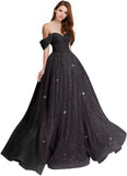 Sparkly Tulle Prom Dress 2026 Off The Shoulder Formal Dresses for Women Glitter A Line Long Ball Gown