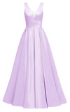 Glitter Satin Prom Dresses for Women Long V Neck A-Line Pleated Formal Evening Party Gowns with Pockets