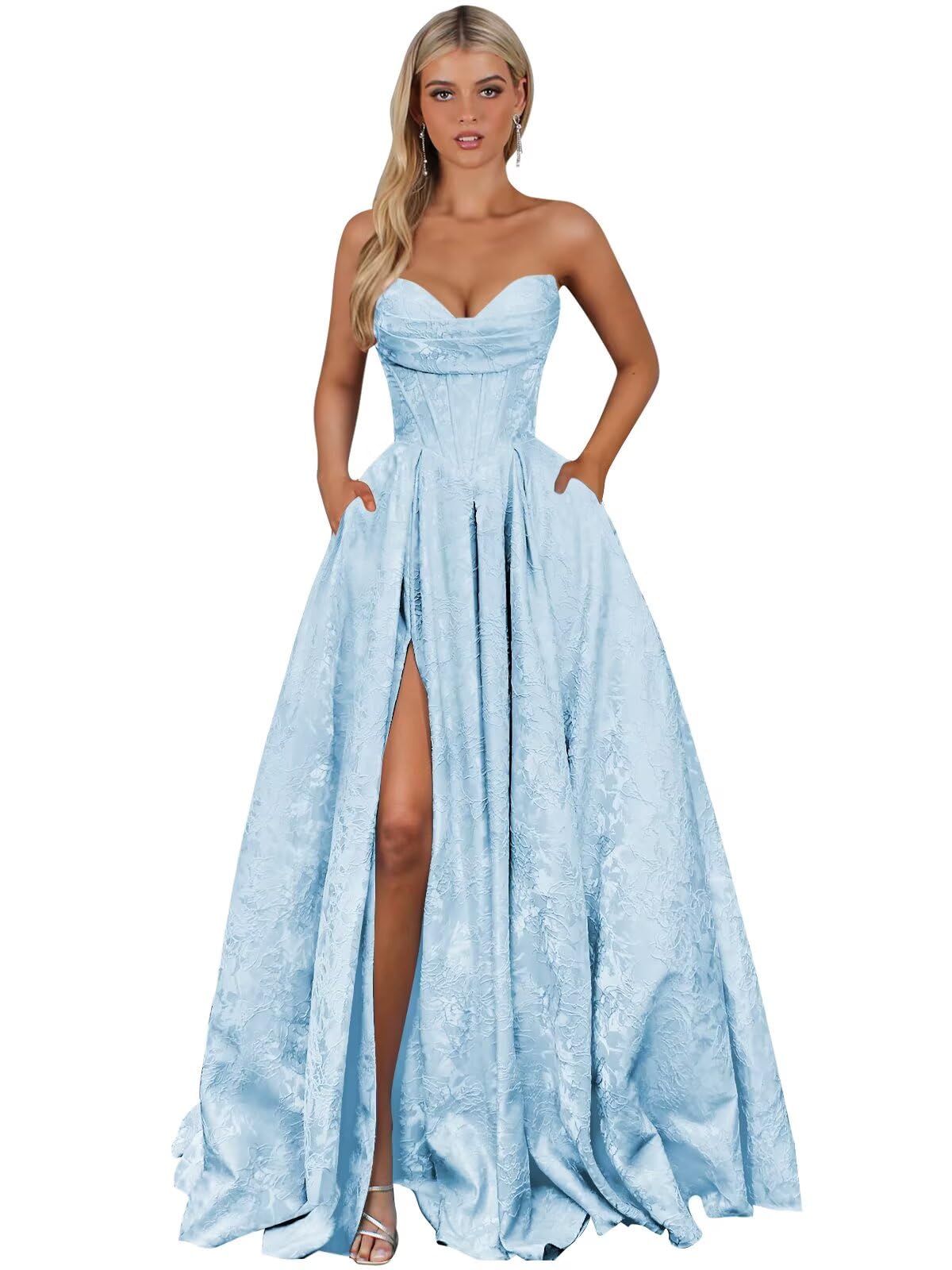 Strapless Jacquard Satin Prom Dresses for Women Corset A Line Long Formal Evening Party Gowns with Slit