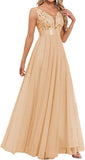 Women's Formal Dresses Long Evening Gowns Tulle V Neck Sleeveless Sparkly Sequin Cocktail Party Wedding Guest Dress