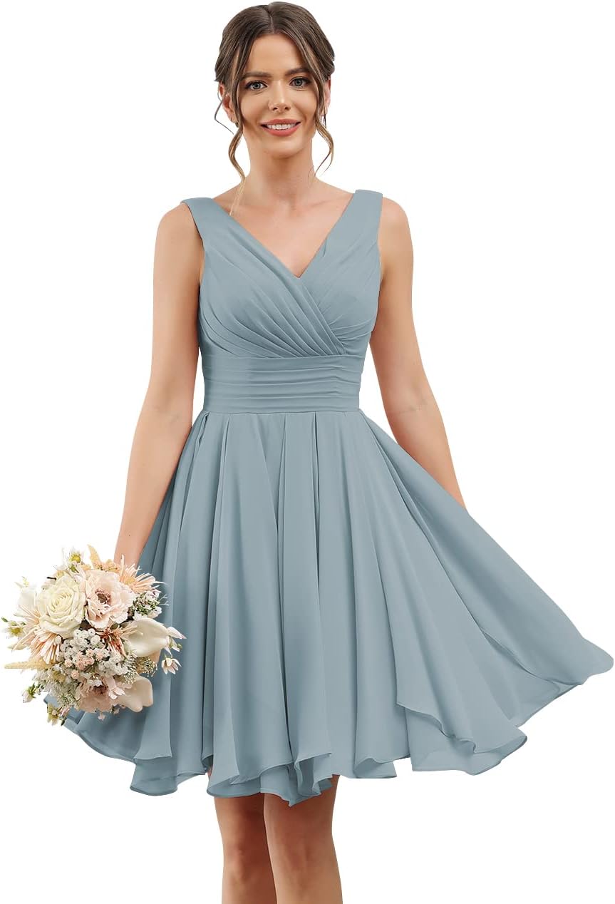 Double V Neck Short Bridesmaid Dresses for Women 2025 Chiffon A Line Formal Evening Gowns with Pockets