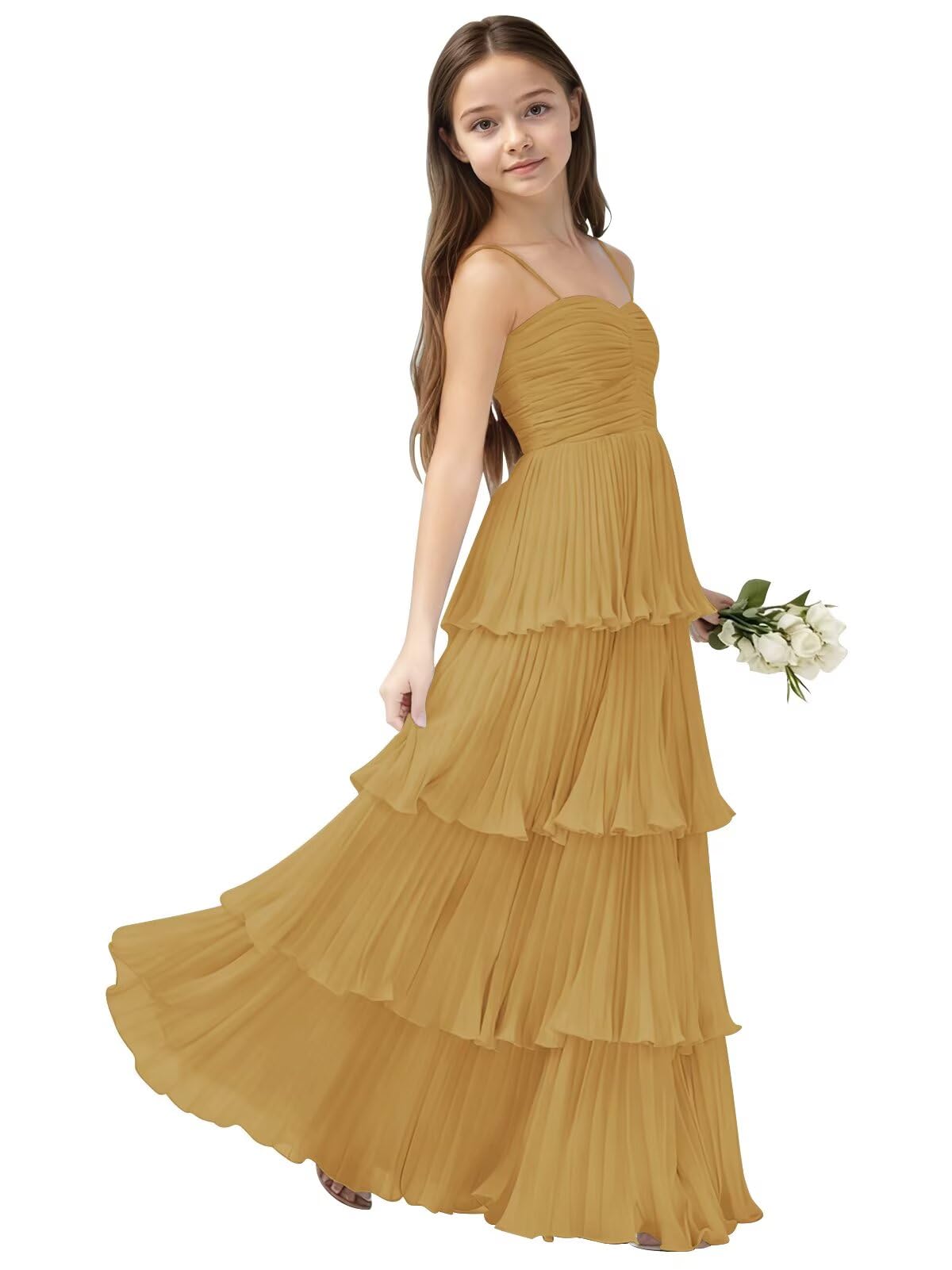 Chiffon Pleated Junior Bridesmaid Dress Princess Birthday Tiered Ruffle Prom Gown Wedding Long Flower Girl Dress