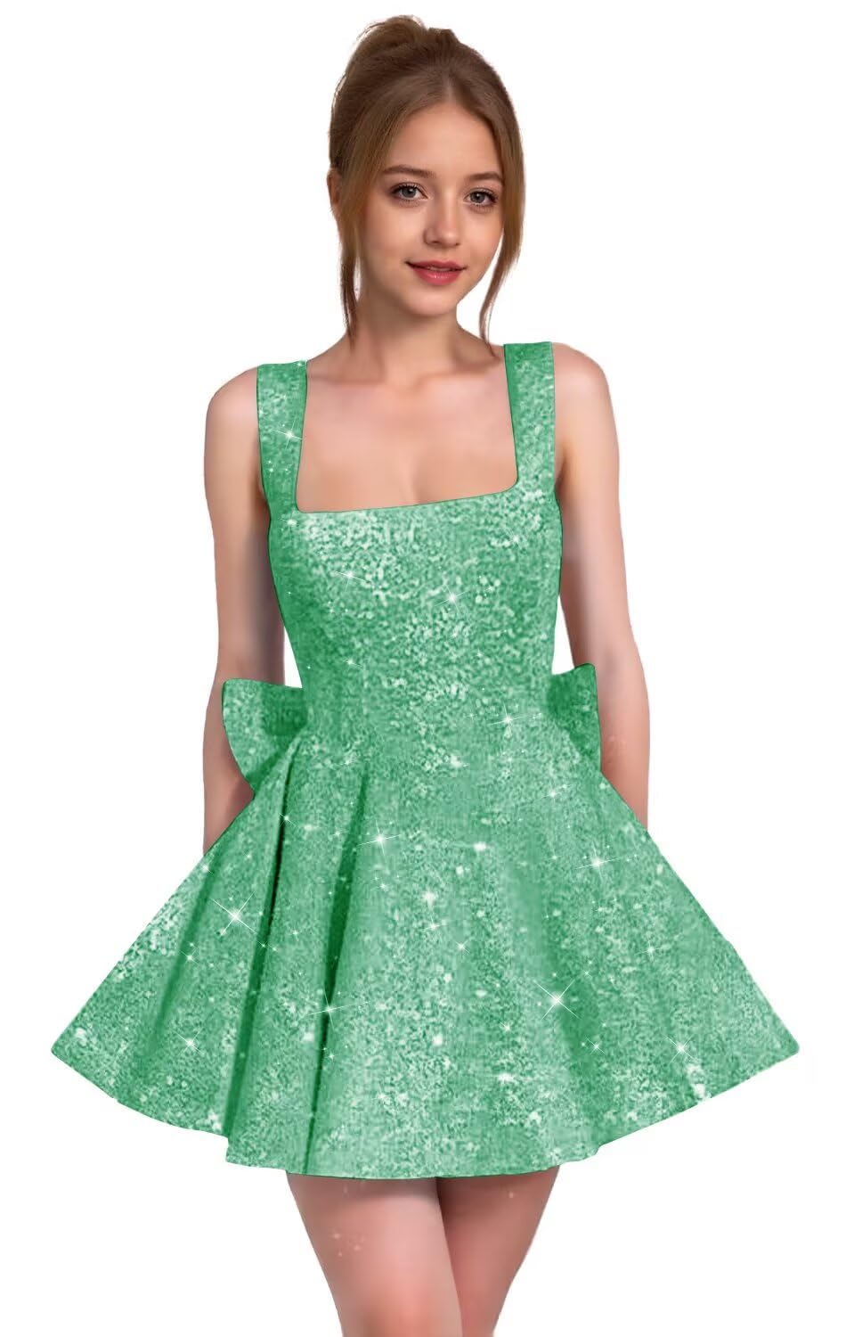 Sparkly Sequin Homecoming Dresses for Teens Short Prom Dress Square Neck Bow Formal Cocktail Gowns with Pockets
