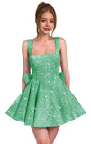 Sparkly Sequin Homecoming Dresses for Teens Short Prom Dress Square Neck Bow Formal Cocktail Gowns with Pockets