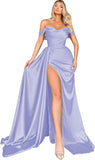 Women's Off Shoulder Mermaid Prom Dresses Long with Slit Pleates Wrap Satin Formal Evening Gowns