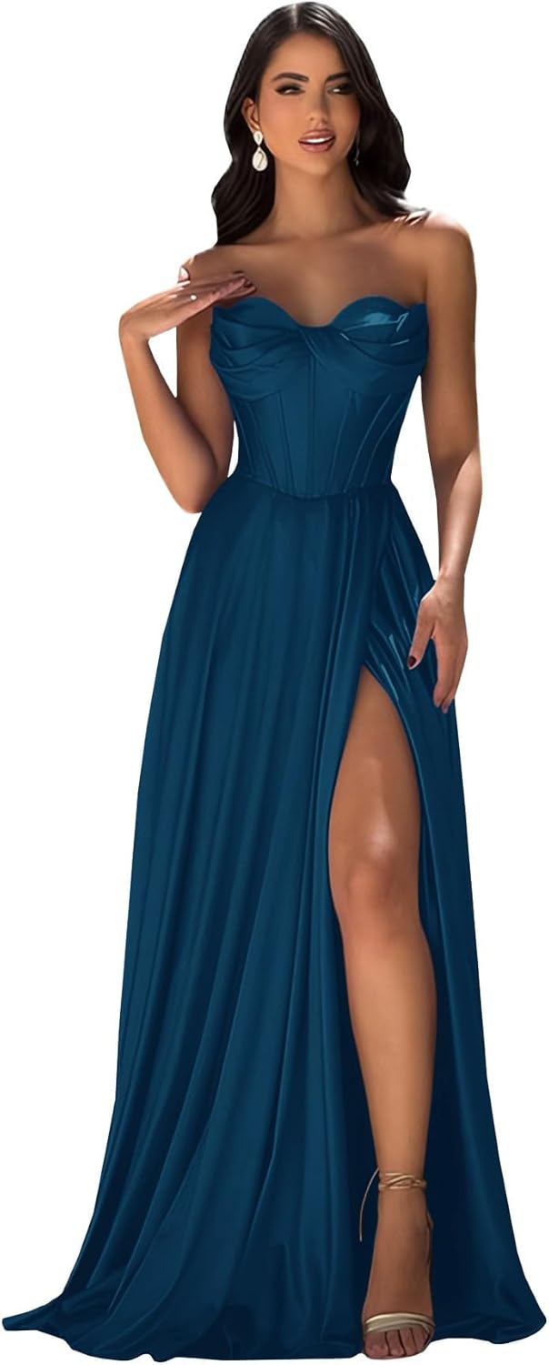 Strapless Prom Dress with Slit Satin A Line Long Ball Gowns for Women Sweetheart Corset Formal Dress with Pockets