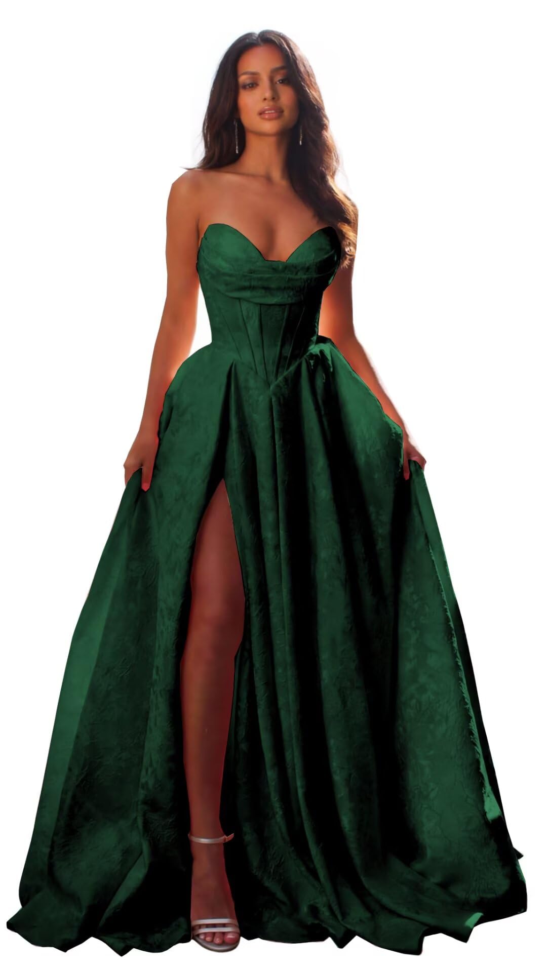Jacquard Satin Prom Dresses with Slit Strapless Corset A Line Long Formal Evening Gowns