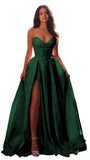 Jacquard Satin Prom Dresses with Slit Strapless Corset A Line Long Formal Gowns