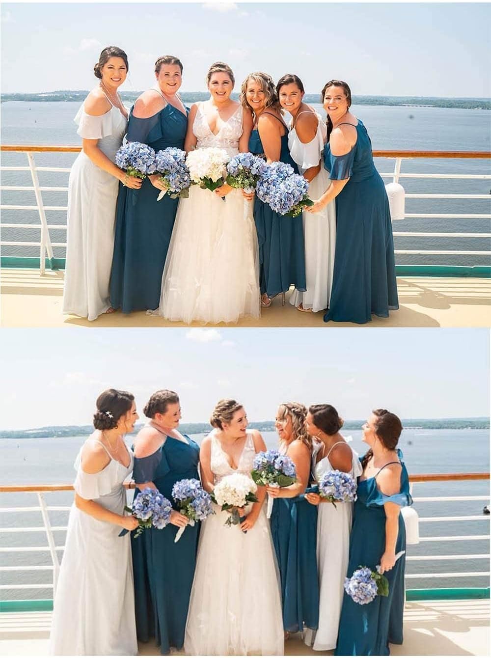 Women's Cold Shoulder Bridesmaid Dresses Long Summer Side Slit Chiffon Formal Evening Gown with Pockets