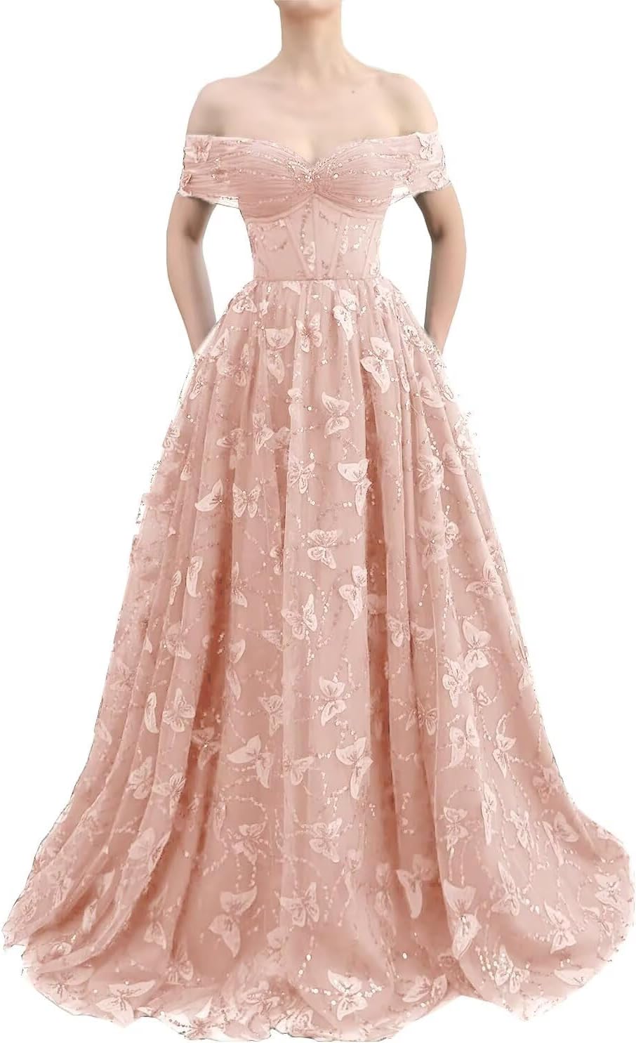 Sparkly Off Shoulder Tulle Prom Dresses with Butterfly Appliques Long A Line Formal Evening Party Gowns for Women
