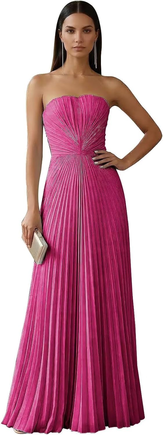 Strapless Prom Dresses for Women Long A Line Cocktail Dress Pleated Chiffon Formal Wedding Guest Dress