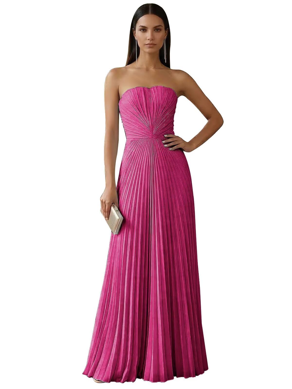 Strapless Prom Dresses for Women Long A Line Cocktail Dress Pleated Chiffon Formal Wedding Guest Dress