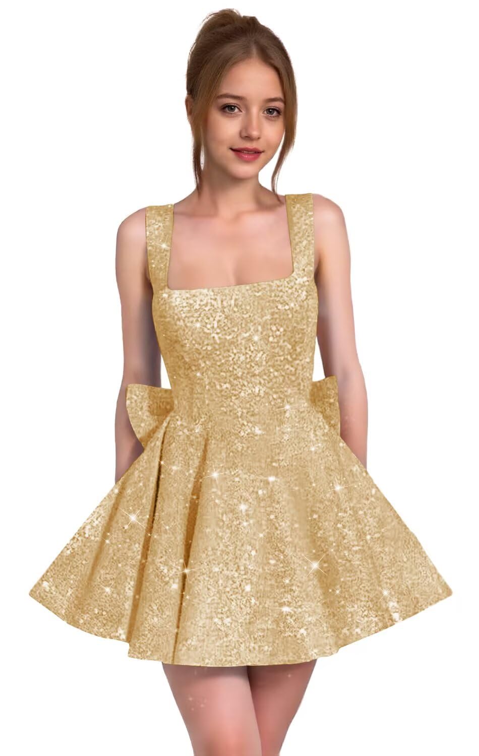 Sparkly Sequin Homecoming Dresses for Teens Short Prom Dress Square Neck Bow Formal Cocktail Gowns with Pockets