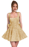 Sparkly Sequin Homecoming Dresses for Teens Short Prom Dress Square Neck Bow Formal Cocktail Gowns with Pockets