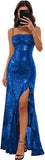 Sparkly Sequin Spaghetti Straps Prom Dresses 2026 Long Ruffles Pleated Formal Evening Dress with Slit
