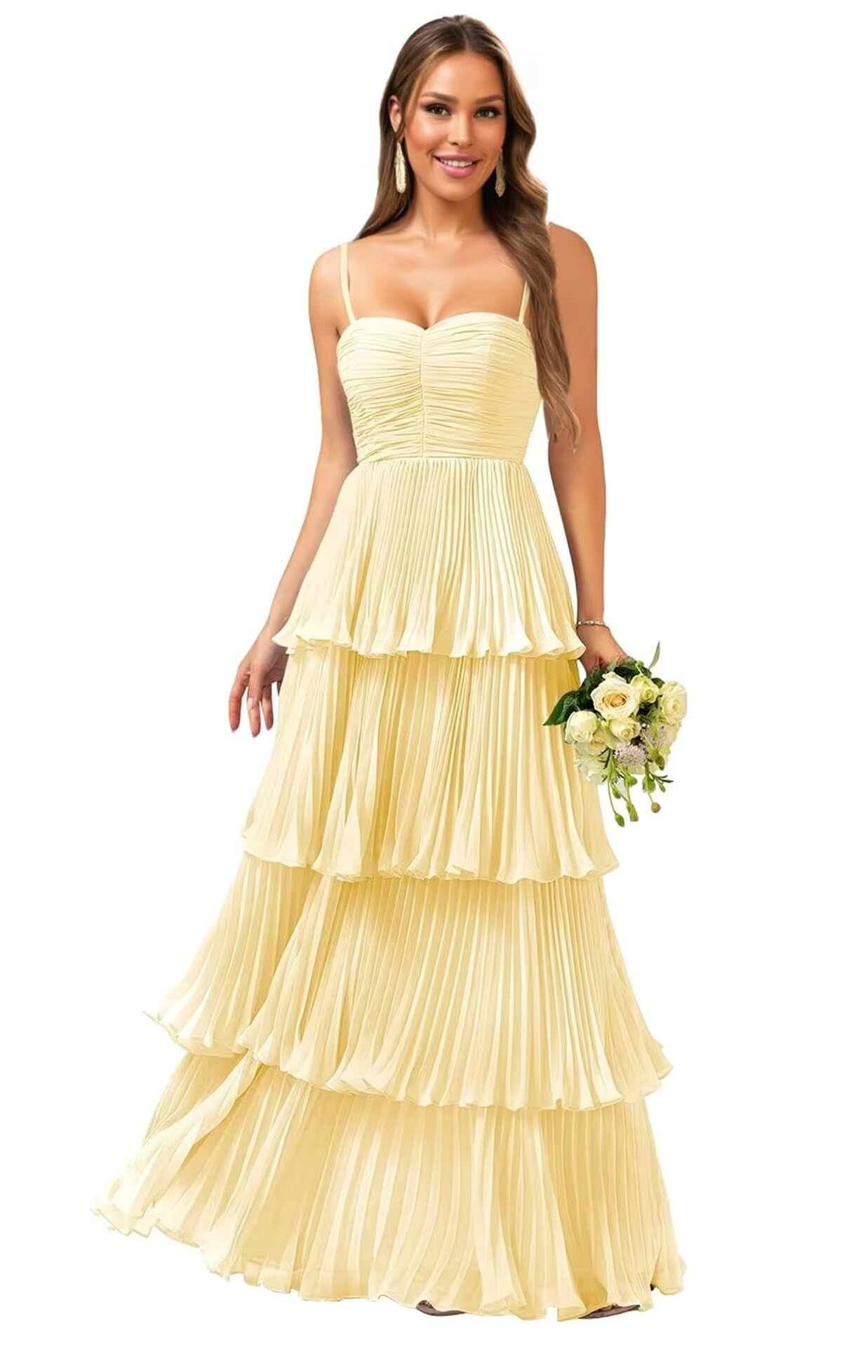 Tiered Ruffle Bridesmaid Dresses for Women Spaghetti Straps Long Chiffon Formal Evening Prom Gowns