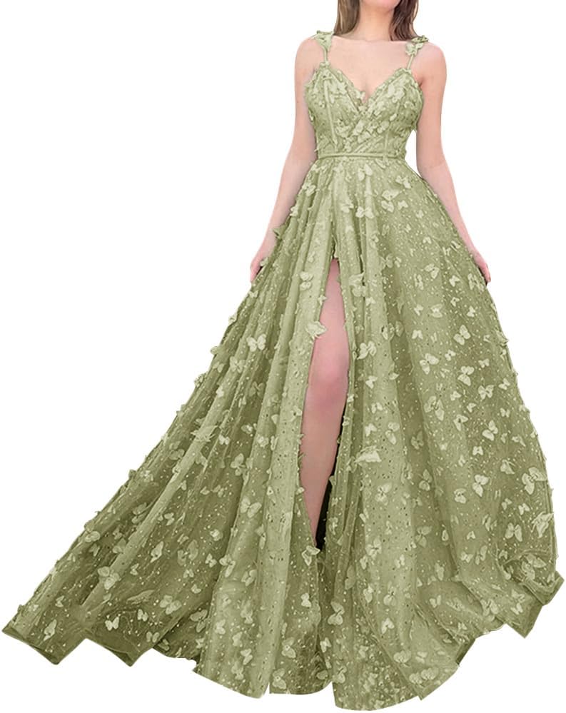 Sparkly Prom Dresses for Teens 2027 3D Butterfly Tulle Spaghetti Straps Long Slit Backless Party Gowns