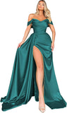 Women's Off Shoulder Mermaid Prom Dresses Long with Slit Pleates Wrap Satin Formal Evening Gowns
