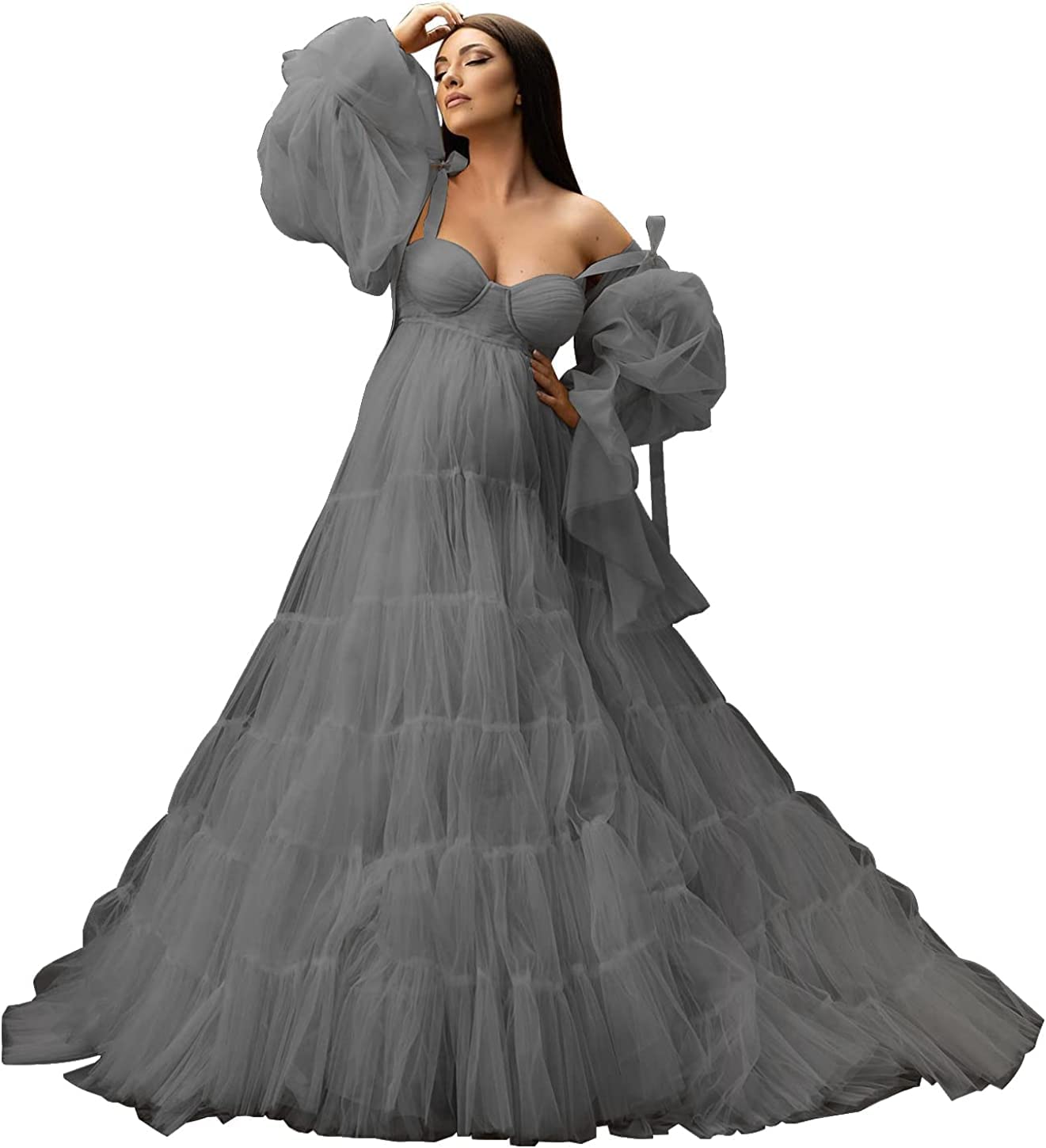 Womens Tulle Robe Maternity Dress for Photoshoot Off Shoulder Bridal Lingerie Maternity Gowns for Babyshower