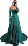Off Shoulder Satin Wedding Dresses Lace Long Sleeve Prom Dresses Corset A-Line Ball Gowns with Slit