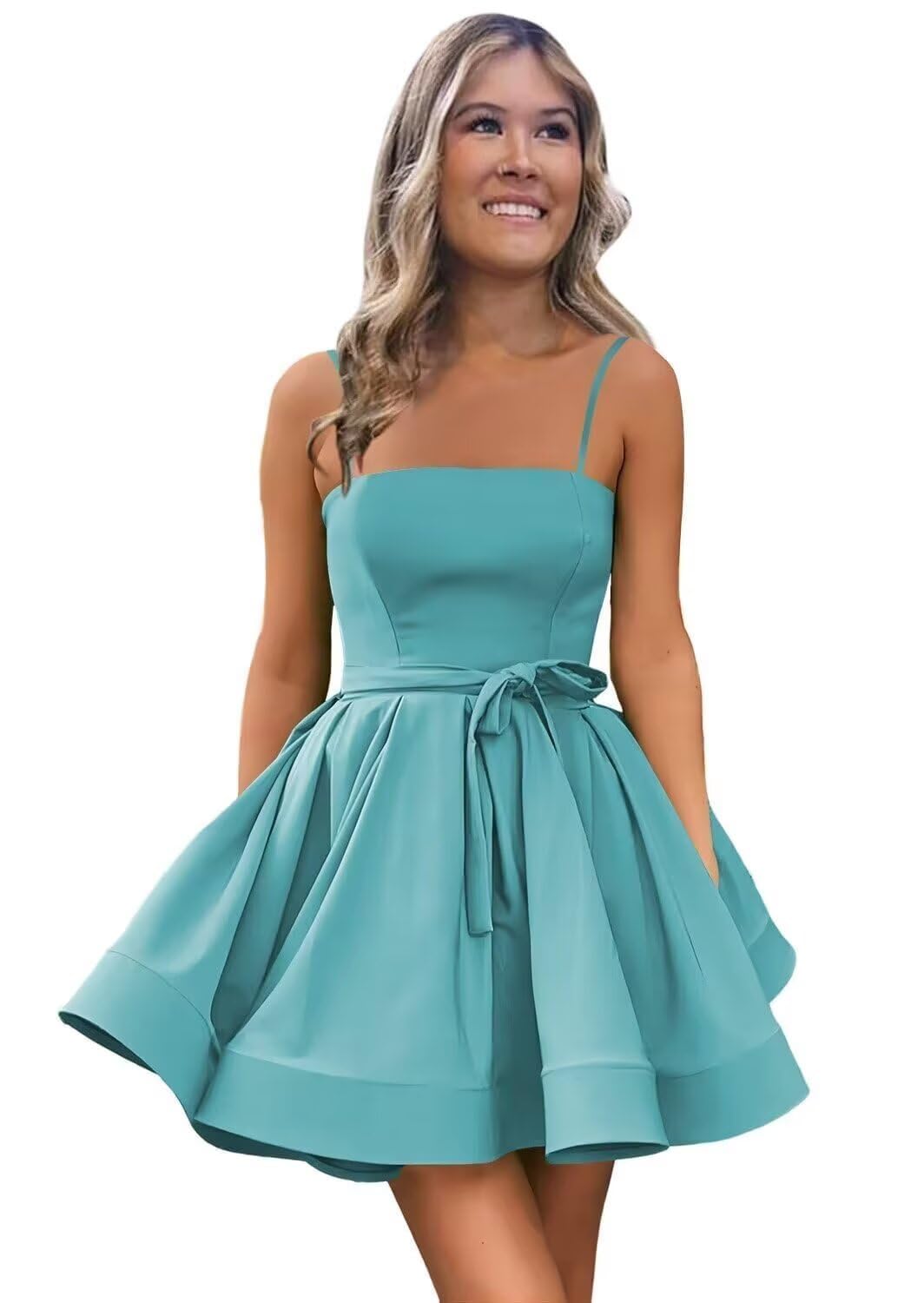 Women’s Short Satin Spaghetti Straps Formal Homecoming Dresses A Line Corset Puffy Prom Gown with Pockets for Teens