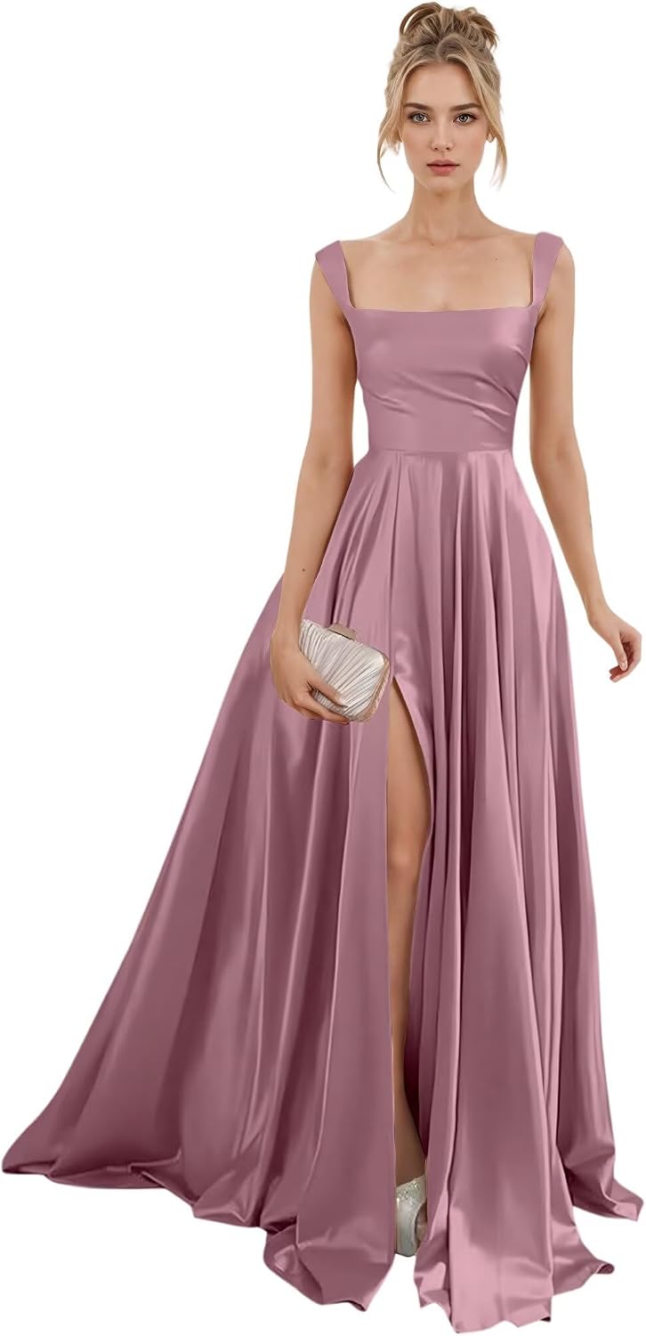 Spaghetti Straps Satin Bridesmaid Dresses for Women Long A-Line Square Neck Formal Evening Party Gown with Slit