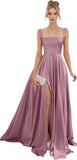 Spaghetti Straps Satin Bridesmaid Dresses for Women Long A-Line Square Neck Formal Evening Party Gown with Slit