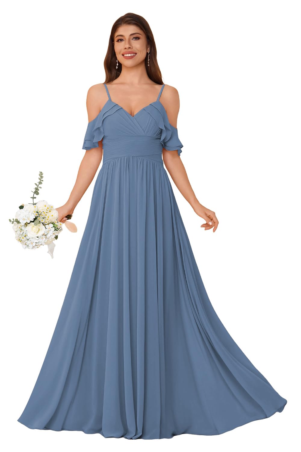Women's Long Chiffon Bridesmaid Dresses Ruffle V Neck Formal Evening Prom Gown Spaghetti Strap Maxi Wedding Guest Dress
