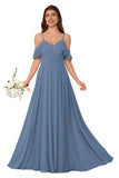 Women's Long Chiffon Bridesmaid Dresses Ruffle V Neck Formal Evening Prom Gown Spaghetti Strap Maxi Wedding Guest Dress