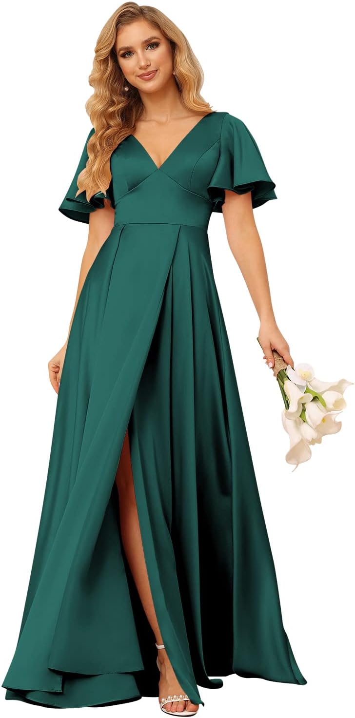 Women's V Neck Ruffle Sleeves Bridesmaid Dresses with Slit 2025 Satin A-Line Formal Evening Gowns