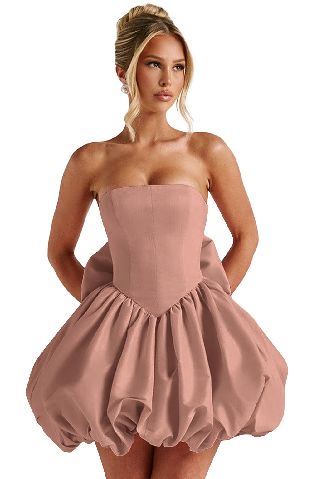 Satin Flower Bud Homecoming Dress Short Prom Dress with Bow Strapless A Line Mini Cocktail Party Gown