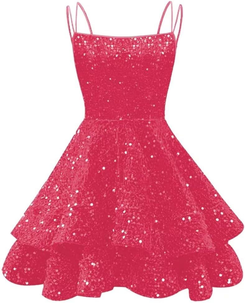 Spaghetti Straps Sequin Homecoming Dresses for Teens Sparkly Tiered Short Prom Dress 2026 Mini Cocktail Party Gown