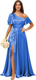 Short Sleeve Satin Bridesmaid Dresses for Women Ruffle One Shoulder Formal Evening Gowns with Slit