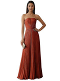 Strapless Prom Dresses for Women Long A Line Cocktail Dress Pleated Chiffon Formal Wedding Guest Dress