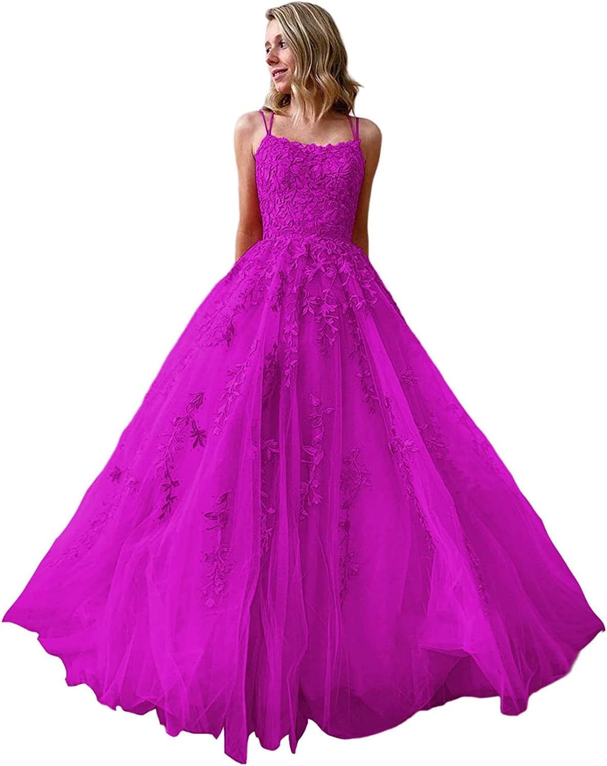 Ballkleider, langes Ballkleid für Damen, Spaghettiträger, Tüll, A-Linie, sexy, rückenfrei, formelle Partykleider mit Taschen 