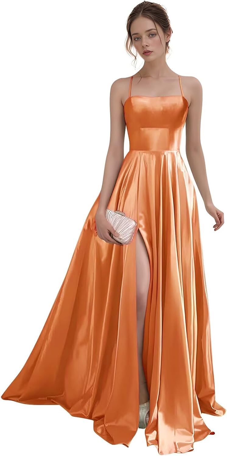 Women's Satin Prom Dresses with Slit Strapless A Line Corset Ball Gowns Spaghetti Straps Formal Evening Gowns with Pockets