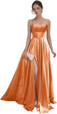 Women's Satin Prom Dresses with Slit Strapless A Line Corset Ball Gowns Spaghetti Straps Formal Evening Gowns with Pockets